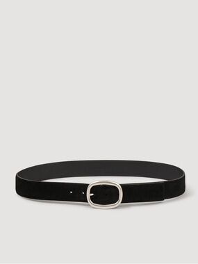 Sandro Black Suede Belt with Silver Oval Buckle - Men